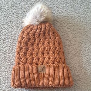 C.C Orange Knit Beanie with Faux Fur Pom-Pom